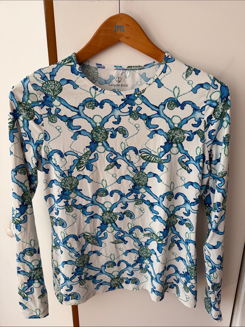 Lands' End White Long-Sleeve Top with Blue & Green Seashell Motif swim shirt